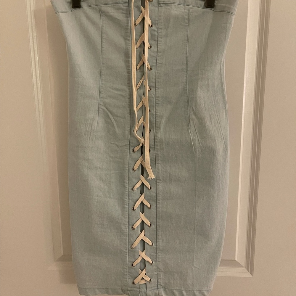 Chambray denim stretch lace up dress